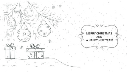 Banner for the design of Christmas and New Year design contour illustration Christmas tree toys on the branches at the bottom of the gift box