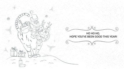 Banner for the design of Christmas and New Year design contour illustration Santa Claus with a bag of gifts sitting on a tiger