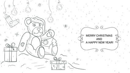 Banner for the design of Christmas and New Year design contour illustration Teddy Bear sitting in the snow among the gifts