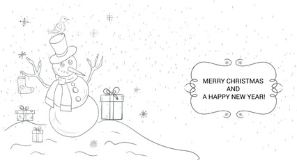 Banner for the design of Christmas and New Years design contour illustration Snowman stands in the snow boxes with gifts