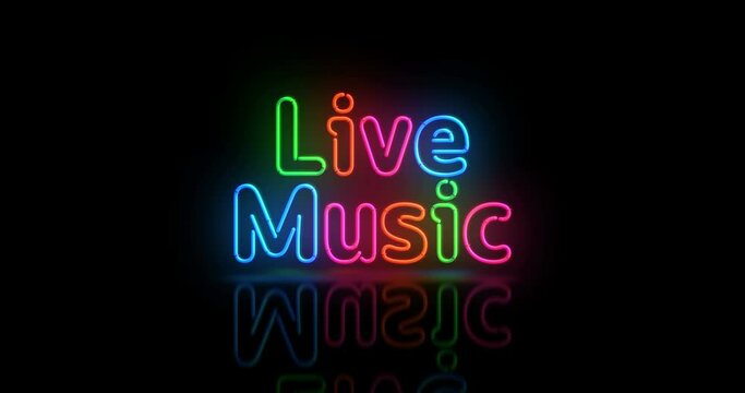 Live Music neon glowing symbol. Light color bulbs. Retro style nightlife club, entertainment and musical night party abstract concept 3d animation.