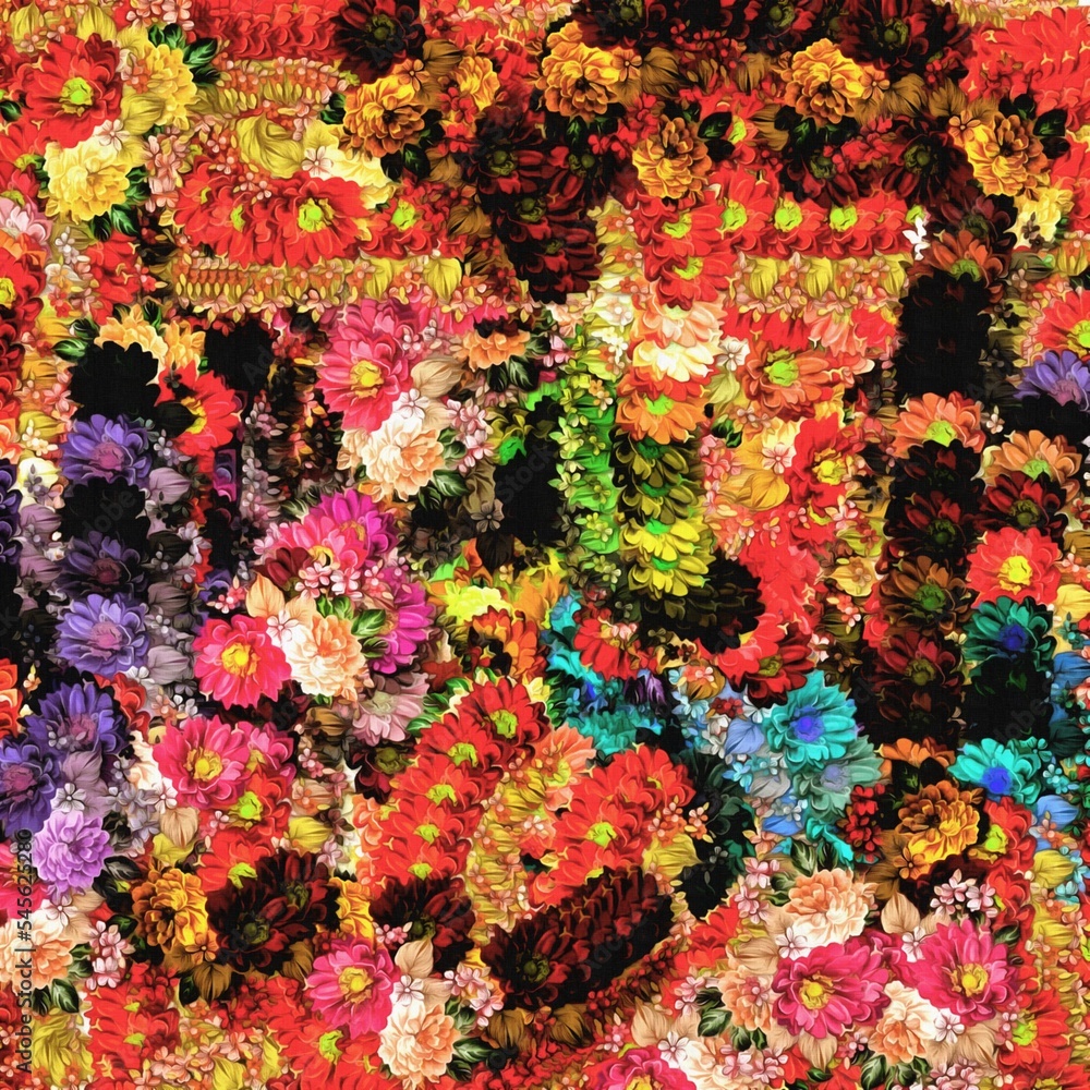 Poster computer graphics of abstract floral psychedelic background stylization of colored chaotic stickers 