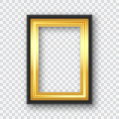 Black photo frame with gold on a transparent background.Design element.