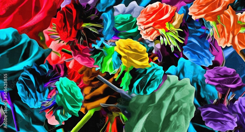 Poster computer graphics of abstract floral psychedelic background stylization of colored chaotic stickers 