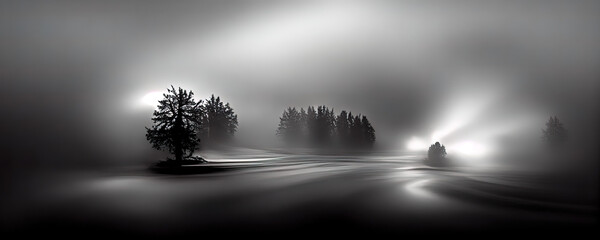 Fototapeta na wymiar Abstrakte Winterlandschaft in der Nebelstimmung und Lichtstimmung, Illustration