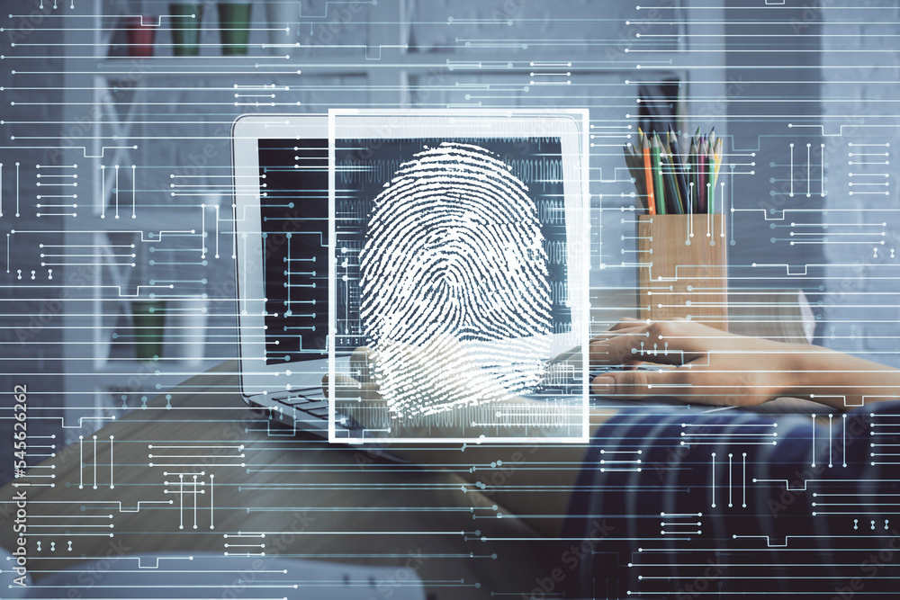 Poster double exposure of woman hands typing on computer and fingerprint drawing. security concept.