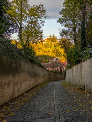 Autumn under Prague Castle. Colorful autumn beauty of narrow streets under Prague Castle, Prague Parks colored by autumn, Prague, Czech Republic
