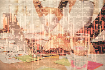 Multi exposure of woman hands typing on computer and forex chart hologram drawing. Stock market analysis concept.