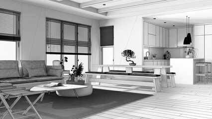 Blueprint unfinished project draft, minimalist living, dining room and kitchen. Fabric sofa, dining table with benches and island. Japandi interior design