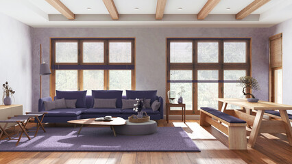 Minimalist living and dining room in white and violet tones. Fabric sofa and wooden dining table with benches. Japandi interior design