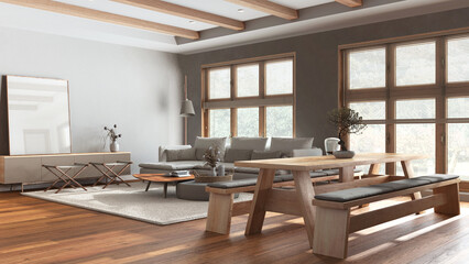 Japandi living and dining room in white and beige tones. Fabric sofa and wooden dining table with benches. Minimalist modern interior design