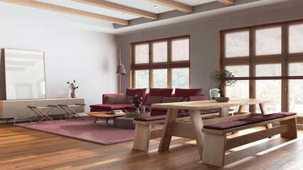 Japandi living and dining room in white and red tones. Fabric sofa and wooden dining table with benches. Minimalist modern interior design