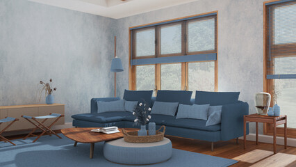 Modern living room in white and blue tones. Fabric sofa, wooden furniture and parquet floor. Japandi interior design