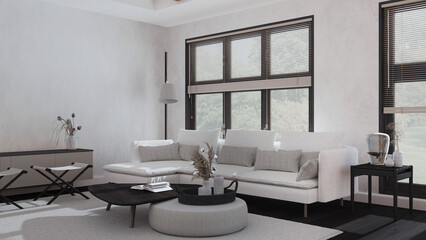 Fototapeta na wymiar Modern living room in white and dark tones. Fabric sofa, wooden furniture and parquet floor. Japandi interior design