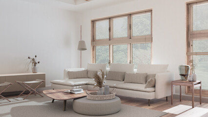 Modern living room in white and bleached tones. Fabric sofa, wooden furniture and parquet floor. Japandi interior design