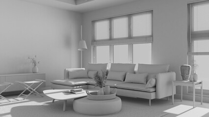 Total white project draft, modern living room. Fabric sofa, wooden furniture and parquet floor. Japandi interior design