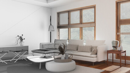 Architect interior designer concept: hand-drawn draft unfinished project that becomes real, modern living room. Fabric sofa and wooden furniture. Japandi style