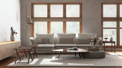 Japandi minimalist living room in white and beige tones. Fabric sofa, wooden furniture and parquet floor. Modern interior design