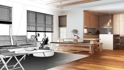 Architect interior designer concept: hand-drawn draft unfinished project that becomes real, minimalist living, dining room and kitchen. Japandi style