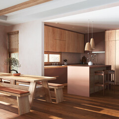 Japandi living, dining room and kitchen in white and orange tones. Fabric sofa, dining table with benches and island. Modern interior design