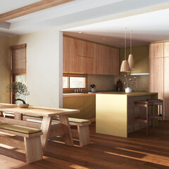 Japandi living, dining room and kitchen in white and yellow tones. Fabric sofa, dining table with benches and island. Modern interior design