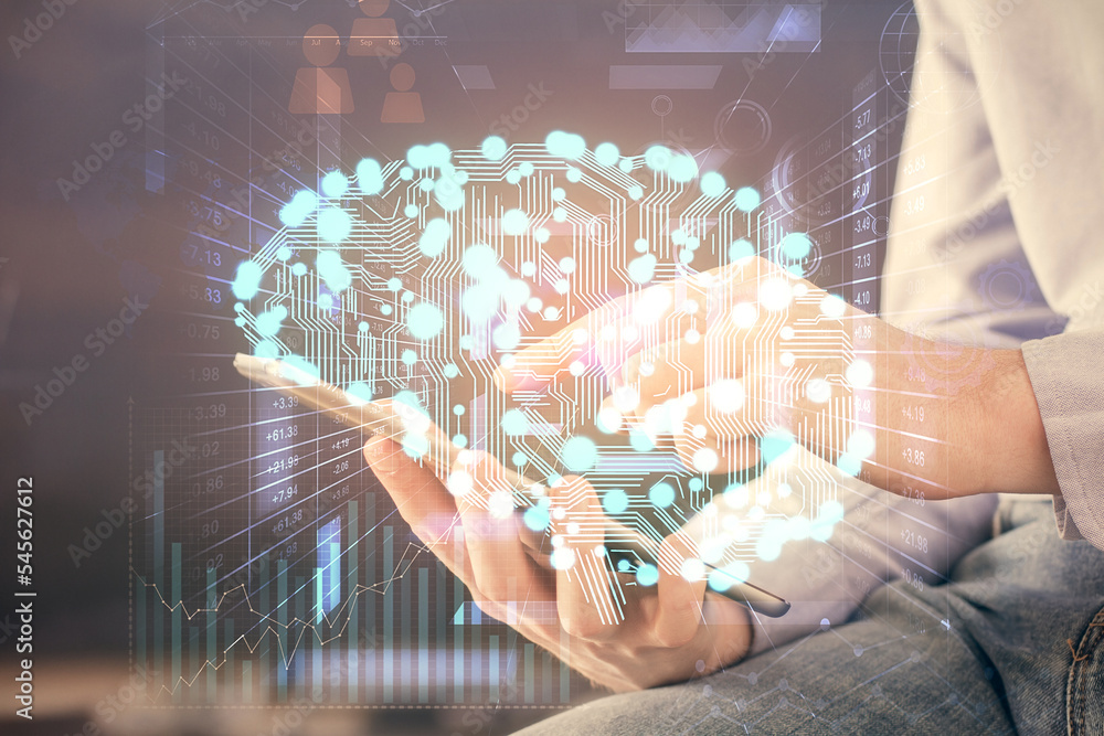 Poster double exposure of man's hand holding and using a digital device and brain hologram drawing. data co