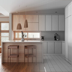 Architect interior designer concept: hand-drawn draft unfinished project that becomes real, minimalist kitchen with island. Wooden cabinets and decors. Japandi style