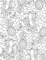 Page for coloring book tropical birds, flowers and pineapple. Line drawing of nature