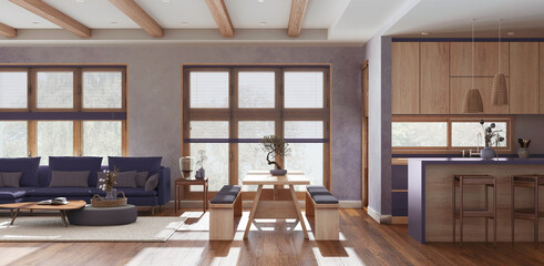 Minimalist living, dining room and kitchen in purple and beige tones. Fabric sofa and wooden dining table with benches, island with stools. Japandi interior design