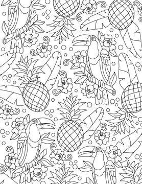 Page for coloring book tropical birds, flowers and pineapple. Line drawing of nature