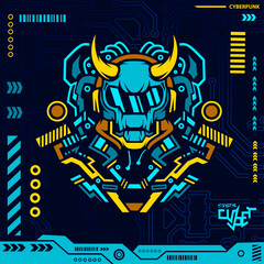 Robot skull in neon cyberpunk blue design with dark background. Abstract technology vector illustration.