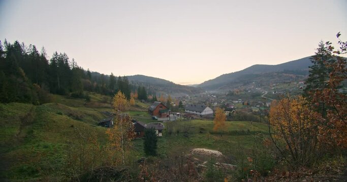 autumn carpathians, slavske, western ukraine, timelapse in the mountains, clouds and fog fly by quickly.