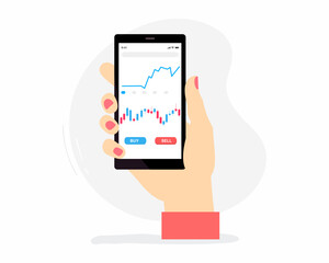 Stock online trading, forex trading and graph on smartphone. Trading graph analysis flat style vector illustration.