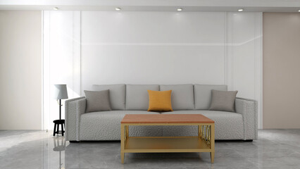 Modern living room mock-up with sofa, table and lamp. 3D rendering