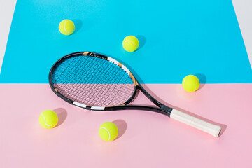 tennis racket yellow balls blue