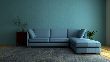 Simple and modern living room mock-up with blue sofa and pastel wall color. 3D rendering