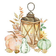 Autumn illustration watercolor lantern and pumpkins © SvetaArt