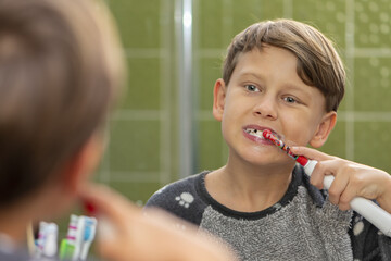 Portrait of a 10-year-old boy, brushing his teeth with an electric toothbrush in the bathroom, a plan over his shoulder, reflection in the mirror.