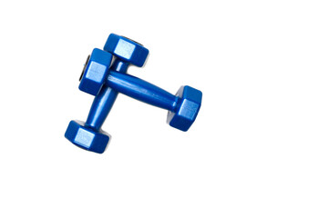top view blue dumbbells isolated