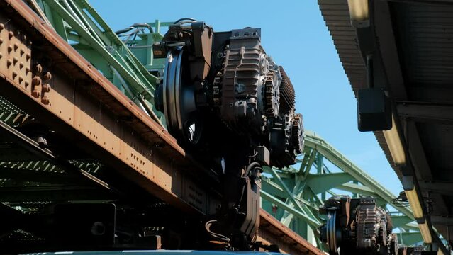 Wuppertal Suspension Railway. Suspension mechanism on the streetcar close-up.