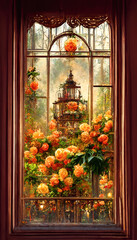 Fototapeta na wymiar Victorian high window with beautiful flowers.