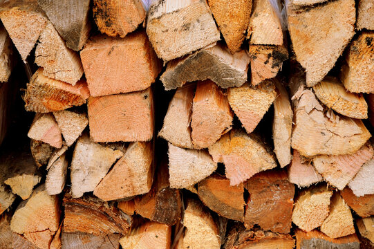 Firewood cut and stacked outside.