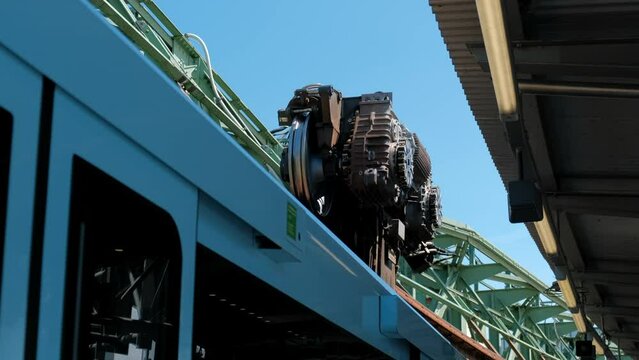 Wuppertal Suspension Railway. Suspension mechanism on the streetcar close-up.