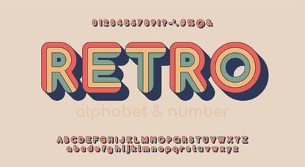 Decorative striped vintage retro alphabet in 70s style. Typography сolourful vector alphabet and font with rounded edges. Vector illustration