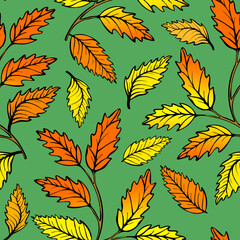 Fototapeta na wymiar Seamless pattern with autumn leaves on a green background.