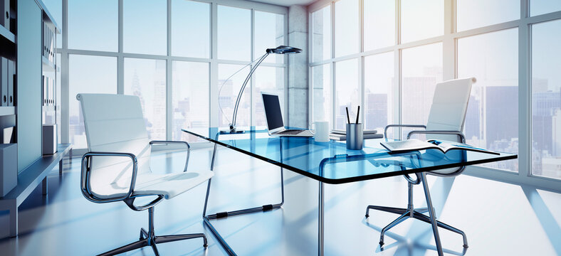 Sunny office room in high rise building with glass desk and two chairs