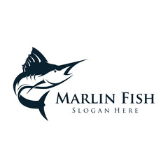 Creative abstract logo design of swordfish or marlin fish silhouette. Marlin jumping on water.