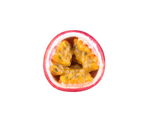 Purple Passion fruit (Maracuya Passiflora) with cut in half sliced isolated on white background. Top view.