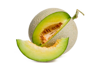 Cantaloupe Melon fruit with slice on white background.