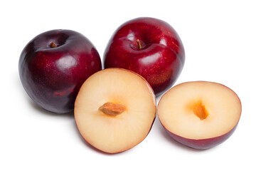 Fresh red plums fruit with slice on white background.
